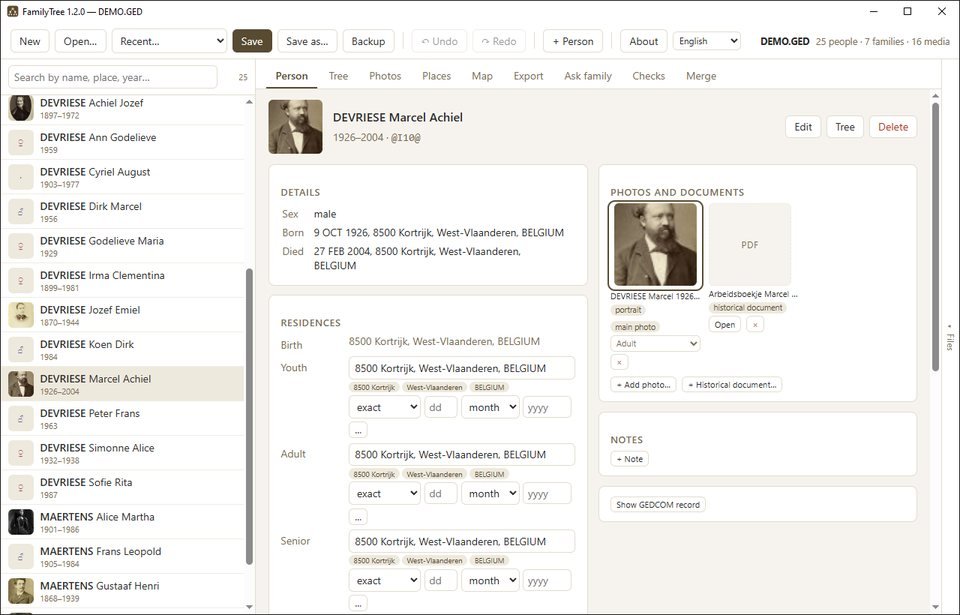 FamilyTree avec une personne, sa famille, ses lieux et ses photos