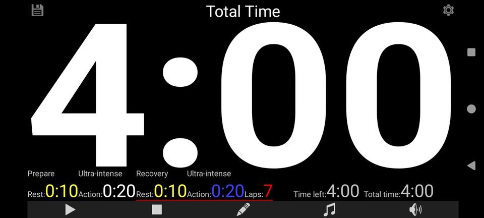 Sports Timer en mode paysage : encore quatre minutes, avec les blocs de la séance en dessous